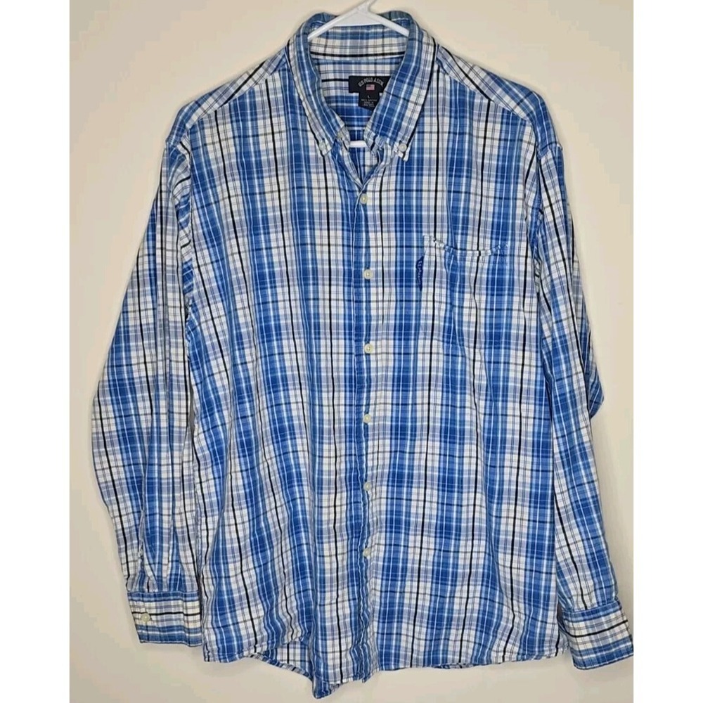 US Polo Assn Shirt Mens L‎ Blue White Plaid Button Down Long Sleeve Chest Pocket